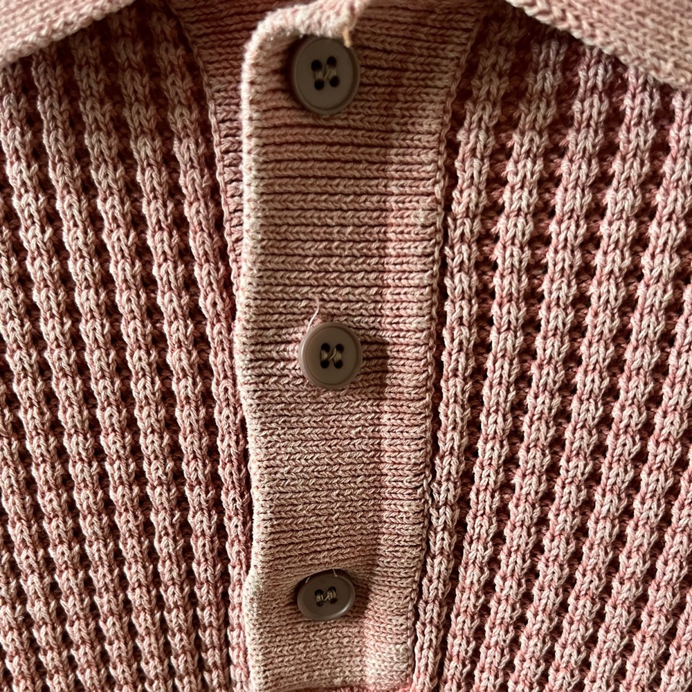 Zara Men’s Pink Long-Sleeve Button-Up Knit Polo Shirt Size L Waffle Knit - Picture 5 of 8